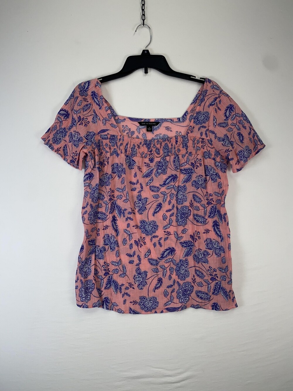 Zac & Rachel Blouse Womens Medium Pink Floral Print Square Neck Short Sleeve Top